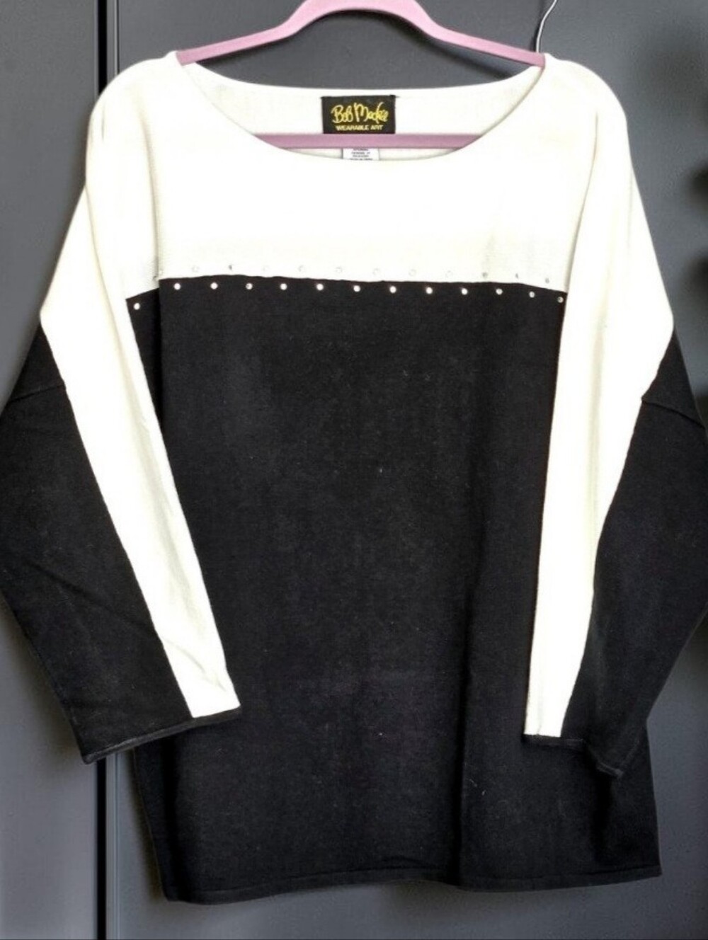 Vintage Bob Mackie Wearable Art Colorblock Sweater Rhinestone 2X Black White
